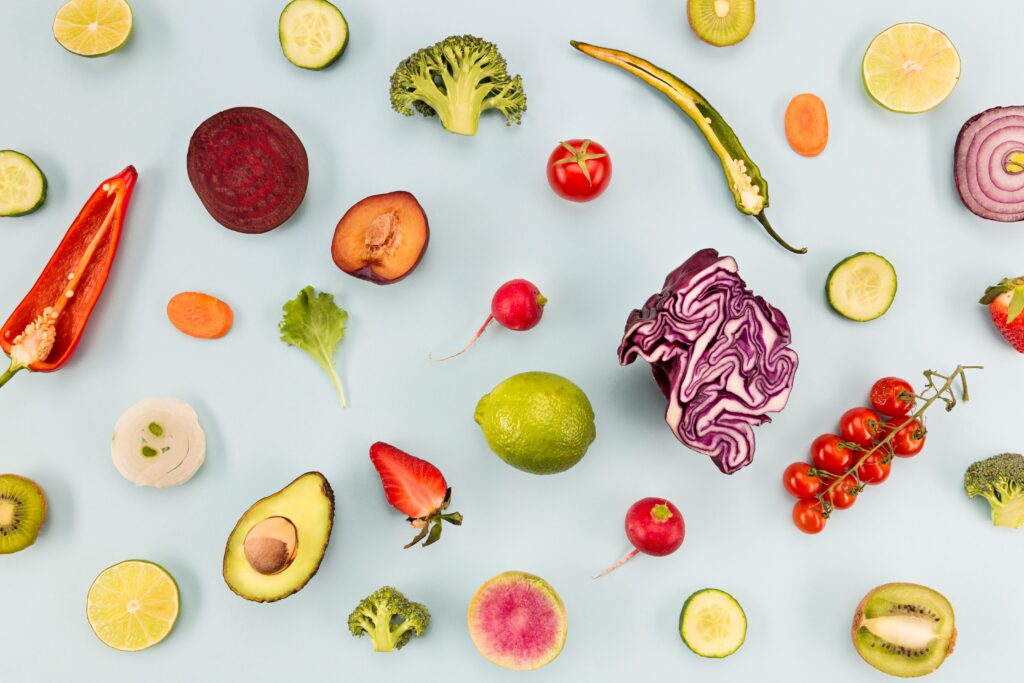 background-blue-with-veggies-fruit
